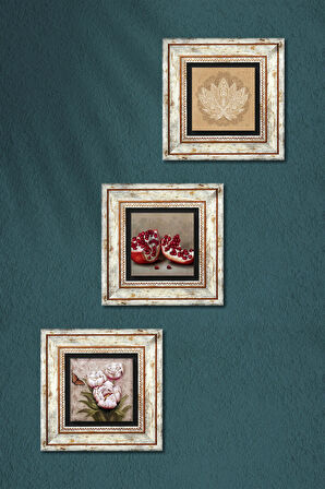 Lotus Çiçeği, Kelebekli Çiçek, Nar Taş Duvar Tablosu Çerçeveli Duvar Dekoru 3 Parça Tablo Seti Wall Art