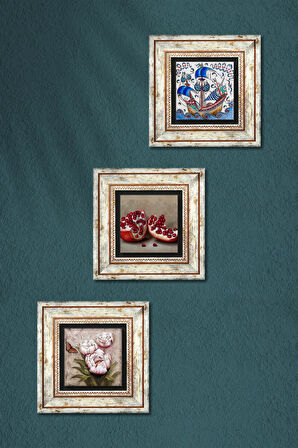 Çini Sanatı Yelkenli Gemi, Kelebekli Çiçek, Nar Taş Duvar Tablosu Çerçeveli Duvar Dekoru 3 Parça Tablo Seti Wall Art