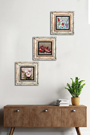 Çini Sanatı Lale, Kelebekli Çiçek, Nar Taş Duvar Tablosu Çerçeveli Duvar Dekoru 3 Parça Tablo Seti Wall Art