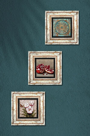 Yaşam Çiçeği, Kelebekli Çiçek, Nar Taş Duvar Tablosu Çerçeveli Duvar Dekoru 3 Parça Tablo Seti Wall Art