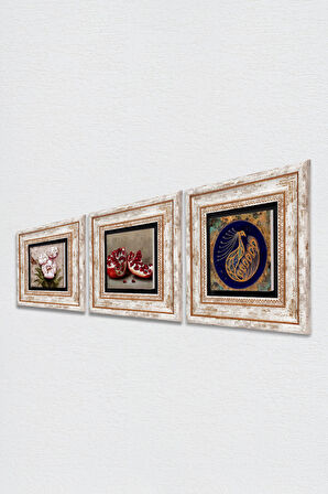 Tavus Kuşu, Kelebekli Çiçek, Nar Taş Duvar Tablosu Çerçeveli Duvar Dekoru 3 Parça Tablo Seti Wall Art