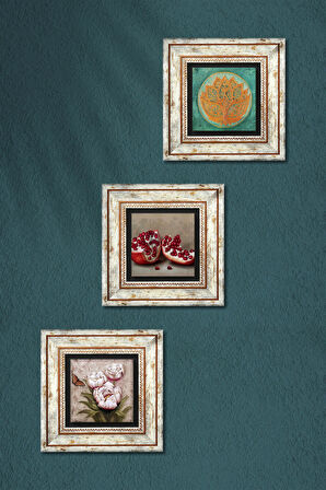 Lotus Çiçeği, Kelebekli Çiçek, Nar Taş Duvar Tablosu Çerçeveli Duvar Dekoru 3 Parça Tablo Seti Wall Art