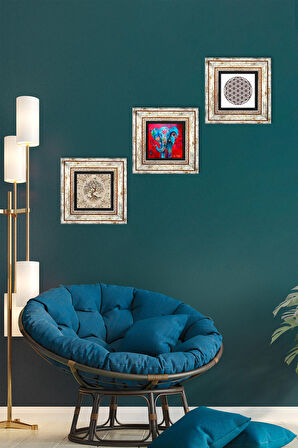 Fil, Yaşam Çiçeği, Hayat Ağacı Taş Duvar Tablosu Çerçeveli Duvar Dekoru 3 Parça Tablo Seti Wall Art