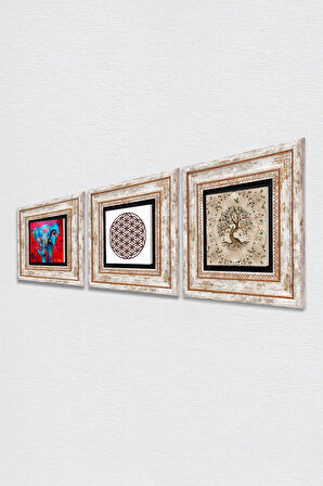 Fil, Yaşam Çiçeği, Hayat Ağacı Taş Duvar Tablosu Çerçeveli Duvar Dekoru 3 Parça Tablo Seti Wall Art