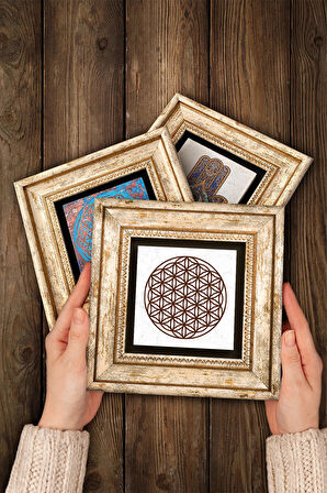 Fil, Yaşam Çiçeği, Hayat Ağacı Taş Duvar Tablosu Çerçeveli Duvar Dekoru 3 Parça Tablo Seti Wall Art