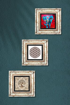 Fil, Yaşam Çiçeği, Hayat Ağacı Taş Duvar Tablosu Çerçeveli Duvar Dekoru 3 Parça Tablo Seti Wall Art