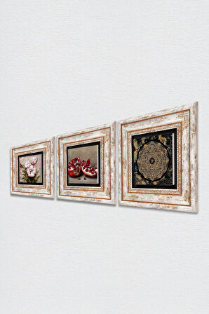 Sri Yantra, Kelebekli Çiçek, Nar Taş Duvar Tablosu Çerçeveli Duvar Dekoru 3 Parça Tablo Seti Wall Art