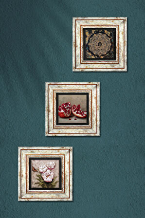 Sri Yantra, Kelebekli Çiçek, Nar Taş Duvar Tablosu Çerçeveli Duvar Dekoru 3 Parça Tablo Seti Wall Art