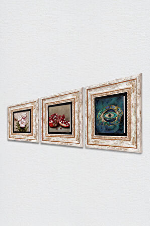 Nazar, Kelebekli Çiçek, Nar Taş Duvar Tablosu Çerçeveli Duvar Dekoru 3 Parça Tablo Seti Wall Art