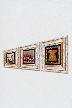 Hırka-i Şerif, Kelebekli Çiçek, Nar Taş Duvar Tablosu Çerçeveli Duvar Dekoru 3 Parça Tablo Seti Wall Art