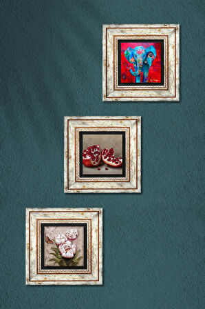 Fil, Kelebekli Çiçek, Nar Taş Duvar Tablosu Çerçeveli Duvar Dekoru 3 Parça Tablo Seti Wall Art