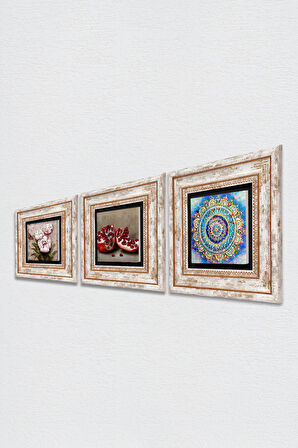 Mandala, Kelebekli Çiçek, Nar Taş Duvar Tablosu Çerçeveli Duvar Dekoru 3 Parça Tablo Seti Wall Art