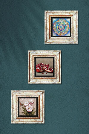 Mandala, Kelebekli Çiçek, Nar Taş Duvar Tablosu Çerçeveli Duvar Dekoru 3 Parça Tablo Seti Wall Art