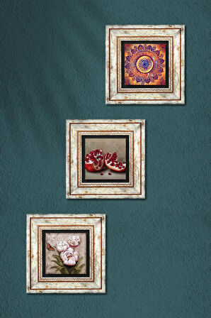 Mandala, Kelebekli Çiçek, Nar Taş Duvar Tablosu Çerçeveli Duvar Dekoru 3 Parça Tablo Seti Wall Art