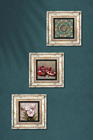 Mandala, Kelebekli Çiçek, Nar Taş Duvar Tablosu Çerçeveli Duvar Dekoru 3 Parça Tablo Seti Wall Art