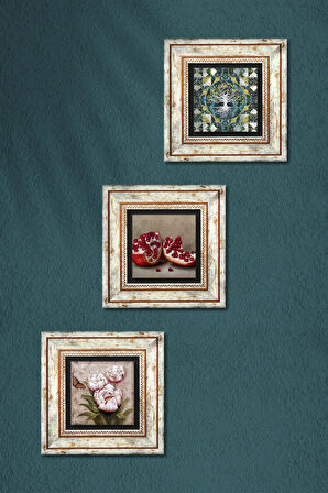 Hayat Ağacı, Kelebekli Çiçek, Nar Taş Duvar Tablosu Çerçeveli Duvar Dekoru 3 Parça Tablo Seti Wall Art