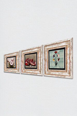 Ebru Sanatı, Kelebekli Çiçek, Nar Taş Duvar Tablosu Çerçeveli Duvar Dekoru 3 Parça Tablo Seti Wall Art