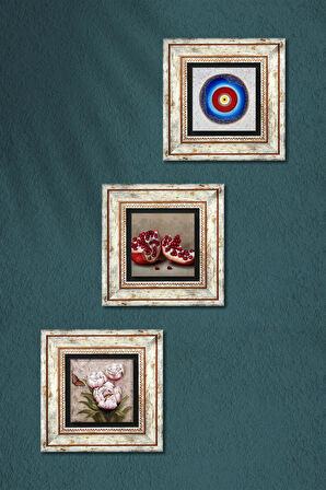 Nazar, Kelebekli Çiçek, Nar Taş Duvar Tablosu Çerçeveli Duvar Dekoru 3 Parça Tablo Seti Wall Art