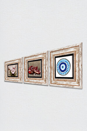 Nazar, Kelebekli Çiçek, Nar Taş Duvar Tablosu Çerçeveli Duvar Dekoru 3 Parça Tablo Seti Wall Art