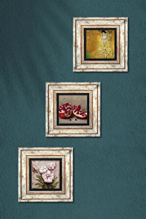 Gustav Klimt Bauer'in Portresi, Kelebekli Çiçek, Nar Taş Duvar Tablosu Çerçeveli Duvar Dekoru 3 Parça Tablo Seti Wall Art