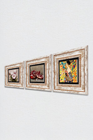 Gustav Klimt Yelpazeli Kadın, Kelebekli Çiçek, Nar Taş Duvar Tablosu Çerçeveli Duvar Dekoru 3 Parça Tablo Seti Wall Art