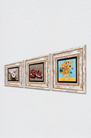 Van Gogh On İki Ayçiçekli Vazo, Kelebekli Çiçek, Nar Taş Duvar Tablosu Çerçeveli Duvar Dekoru 3 Parça Tablo Seti Wall Art