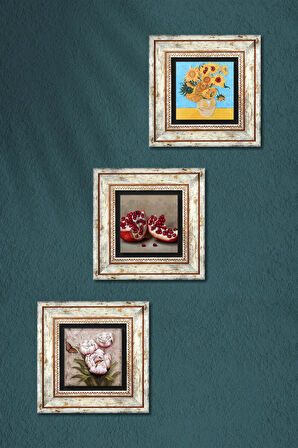Van Gogh On İki Ayçiçekli Vazo, Kelebekli Çiçek, Nar Taş Duvar Tablosu Çerçeveli Duvar Dekoru 3 Parça Tablo Seti Wall Art