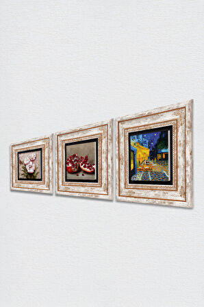 Van Gogh Kafe Terasta Gece, Kelebekli Çiçek, Nar Taş Duvar Tablosu Çerçeveli Duvar Dekoru 3 Parça Tablo Seti Wall Art