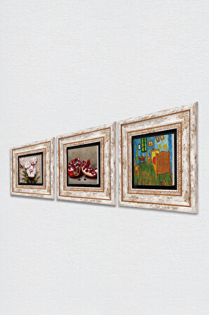 Van Gogh Arles'teki Yatak Odası, Kelebekli Çiçek, Nar Taş Duvar Tablosu Çerçeveli Duvar Dekoru 3 Parça Tablo Seti Wall Art