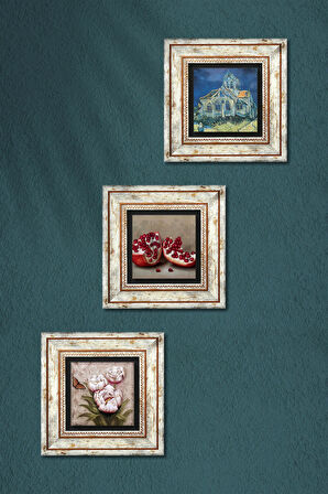 Van Gogh Auvers'deki Kilise, Kelebekli Çiçek, Nar Taş Duvar Tablosu Çerçeveli Duvar Dekoru 3 Parça Tablo Seti Wall Art