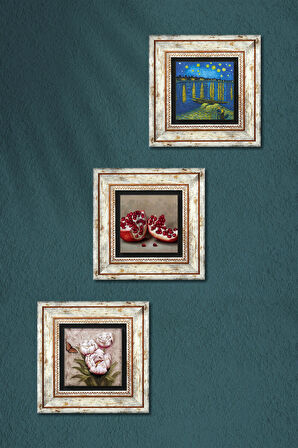 Van Gogh Ren Nehri, Kelebekli Çiçek, Nar Taş Duvar Tablosu Çerçeveli Duvar Dekoru 3 Parça Tablo Seti Wall Art