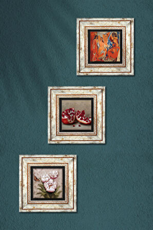 Picasso Avignonlu Kızlar, Kelebekli Çiçek, Nar Taş Duvar Tablosu Çerçeveli Duvar Dekoru 3 Parça Tablo Seti Wall Art