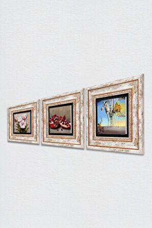 Salvador Dalí, Kelebekli Çiçek, Nar Taş Duvar Tablosu Çerçeveli Duvar Dekoru 3 Parça Tablo Seti Wall Art