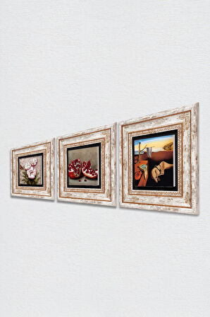 Salvador Dalí Belleğin Azmi, Kelebekli Çiçek, Nar Taş Duvar Tablosu Çerçeveli Duvar Dekoru 3 Parça Tablo Seti Wall Art