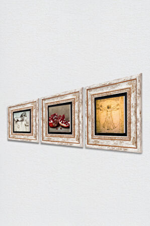 Leonardo da Vinci Vitruvius Adamı, At Heykeli, Nar Taş Duvar Tablosu Çerçeveli Duvar Dekoru 3 Parça Tablo Seti Wall Art