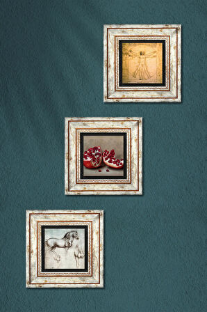 Leonardo da Vinci Vitruvius Adamı, At Heykeli, Nar Taş Duvar Tablosu Çerçeveli Duvar Dekoru 3 Parça Tablo Seti Wall Art