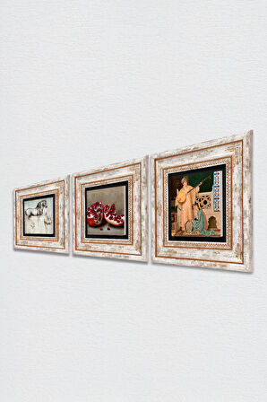 İki Müzisyen Kız, Leonardo da Vinci At Heykeli, Nar Taş Duvar Tablosu Çerçeveli Duvar Dekoru 3 Parça Tablo Seti Wall Art