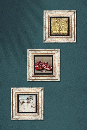 Gustav Klimt Hayat Ağacı, Leonardo da Vinci At Heykeli, Nar Taş Duvar Tablosu Çerçeveli Duvar Dekoru 3 Parça Tablo Seti Wall Art