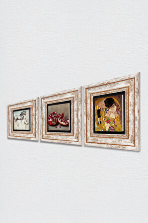 Gustav Klimt Öpücük, Leonardo da Vinci At Heykeli, Nar Taş Duvar Tablosu Çerçeveli Duvar Dekoru 3 Parça Tablo Seti Wall Art