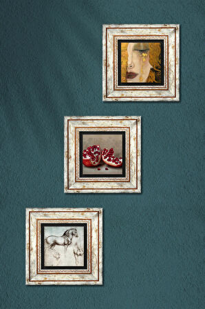 Gustav Klimt Altın Gözyaşları, Da Vinci At Heykeli, Nar Taş Duvar Tablosu Çerçeveli Duvar Dekoru 3 Parça Tablo Seti Wall Art