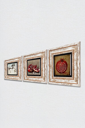 Bereket Duası, Nar, At Taş Duvar Tablosu Çerçeveli Duvar Dekoru 3 Parça Tablo Seti Wall Art