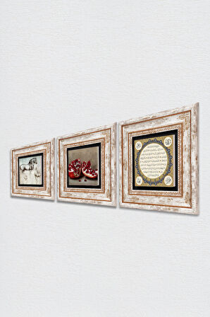 Hilye-i Şerif, Nar, At Taş Duvar Tablosu Çerçeveli Duvar Dekoru 3 Parça Tablo Seti Wall Art