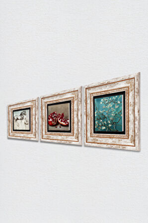 Van Gogh Badem Ağacı, Leonardo da Vinci At Heykeli, Nar Taş Duvar Tablosu Çerçeveli Duvar Dekoru 3 Parça Tablo Seti Wall Art