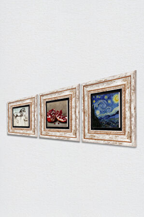 Van Gogh Yıldızlı Gece, Leonardo da Vinci At Heykeli, Nar Taş Duvar Tablosu Çerçeveli Duvar Dekoru 3 Parça Tablo Seti Wall Art