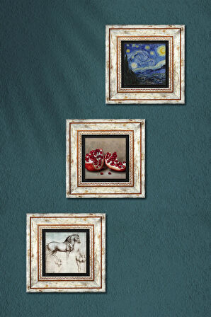 Van Gogh Yıldızlı Gece, Leonardo da Vinci At Heykeli, Nar Taş Duvar Tablosu Çerçeveli Duvar Dekoru 3 Parça Tablo Seti Wall Art