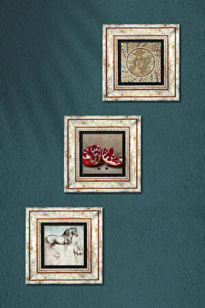 Mozaik Serisi, Leonardo da Vinci At Heykeli, Nar Taş Duvar Tablosu Çerçeveli Duvar Dekoru 3 Parça Tablo Seti Wall Art