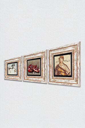 Soteria Mozaiği, Leonardo da Vinci At Heykeli, Nar Taş Duvar Tablosu Çerçeveli Duvar Dekoru 3 Parça Tablo Seti Wall Art