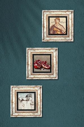 Soteria Mozaiği, Leonardo da Vinci At Heykeli, Nar Taş Duvar Tablosu Çerçeveli Duvar Dekoru 3 Parça Tablo Seti Wall Art