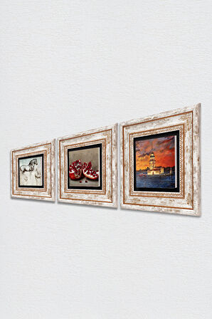 İstanbul Kız Kulesi, Leonardo da Vinci At Heykeli, Nar Taş Duvar Tablosu Çerçeveli Duvar Dekoru 3 Parça Tablo Seti Wall Art