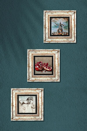 İstanbul Galata Kulesi, Leonardo da Vinci At Heykeli, Nar Taş Duvar Tablosu Çerçeveli Duvar Dekoru 3 Parça Tablo Seti Wall Art